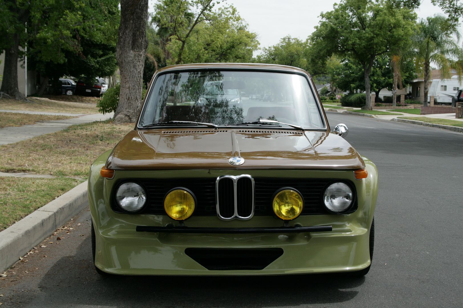 front of 1969 BMW 2002 with Mustang V8 engine swap