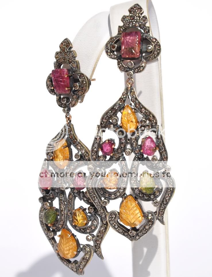 VINTAGE 14KT MULTICOLOR CARVED TORUMALINE DIAMOND EARRINGS   