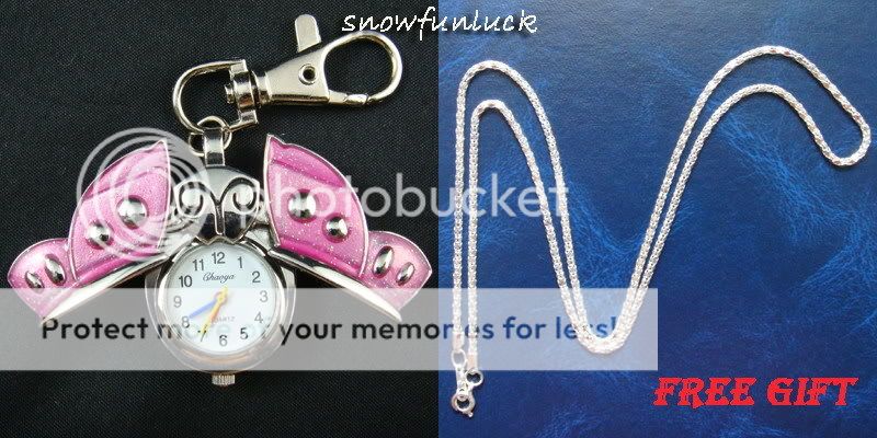 butterfly Pocket Keychain Watch PINK+free necklace+box  